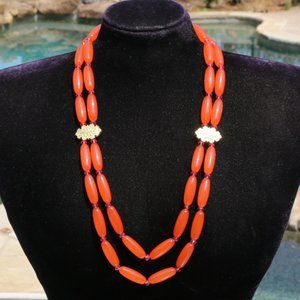 Multi Strand Necklace Orange Lucite & Pink Bead